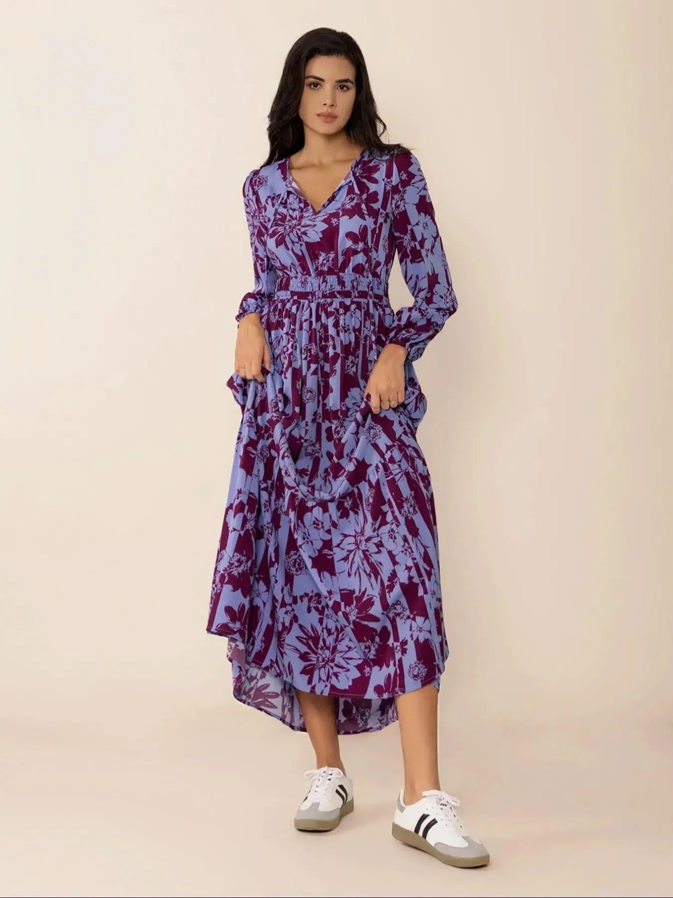 Women's Boho Floral Print Lantern Sleeve Dress, Fitted Waist Tie Design, Loose Fit Comfortable Casual Long Sleeve Dress for Fall Winter