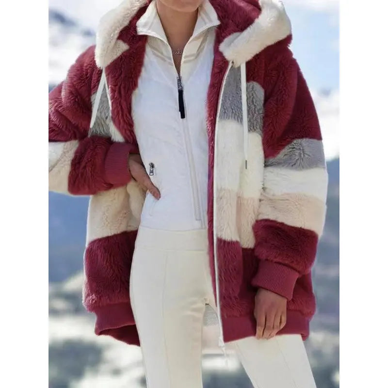 Manteau polaire à capuche et épaules tombantes color block pour femme, vêtements d'extérieur chauds décontractés à manches longues et fermeture éclair pour le quotidien, vêtements pour femmes