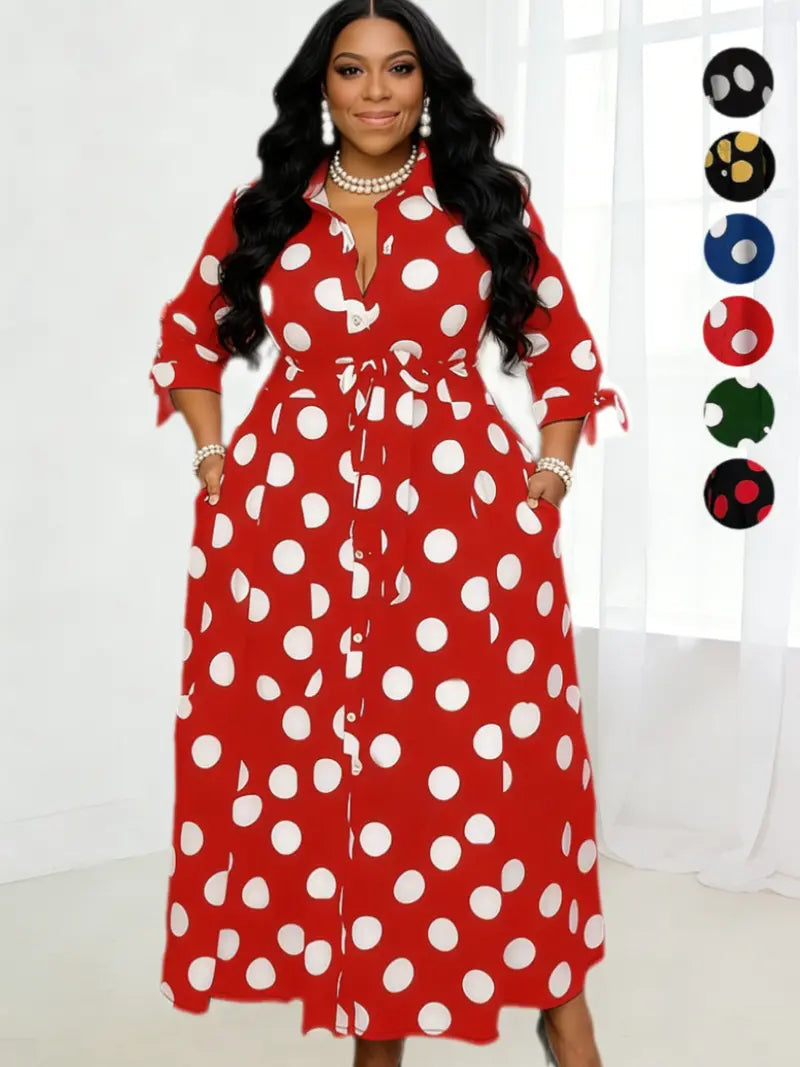 Robe chemise grande taille à pois avec ceinture et boutons devant