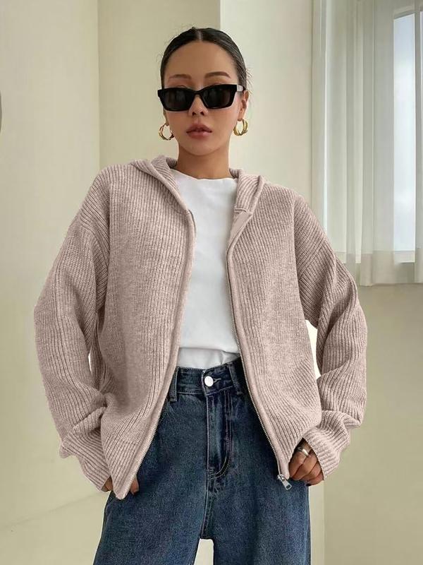 Cardigan à capuche zippé de couleur unie pour femme, en tricot décontracté à manches longues pour l'automne et l'hiver, vêtement en maille tendance pour femme pour le quotidien