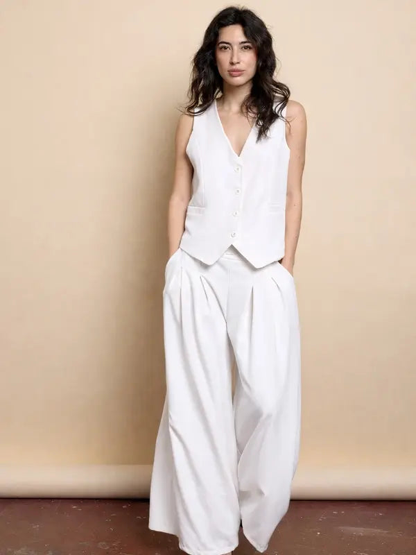 Tailleur pour femme, style décontracté, veste sans manches, pantalon ample