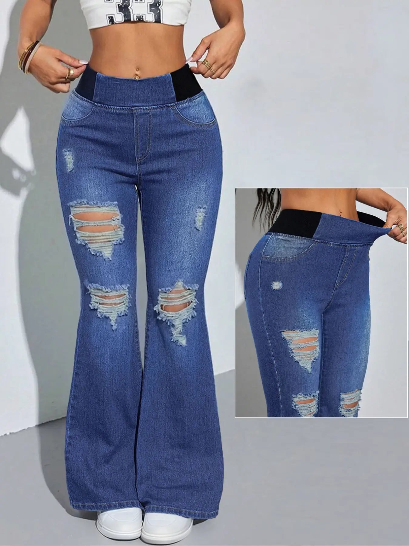 Jeans évasés Y2K 2026 pour femmes, taille élastique mi-haute, avec poches, délavage bleu clair, jeans pattes d'éléphant jambes larges pour femmes, taille ajustée