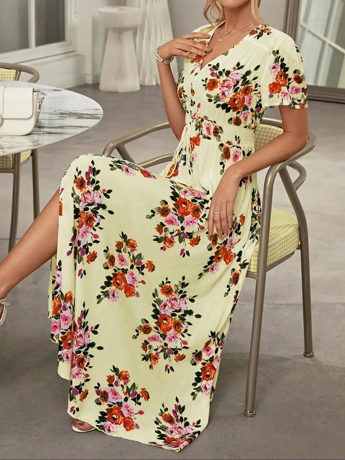 Robe boutonnée à imprimé floral pour femme, robe d'été à manches courtes de style bohème français, vêtements pour femme pour les vacances à la plage