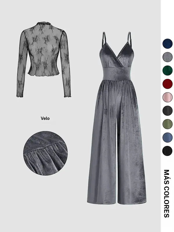 Ensemble deux pièces combishort et tee-shirt en dentelle de couleur unie pour femme, ensemble élégant et décontracté avec combishort dos zippé et haut à manches longues pour le quotidien et l'extérieur, vêtements pour femme pour le printemps et l'automne