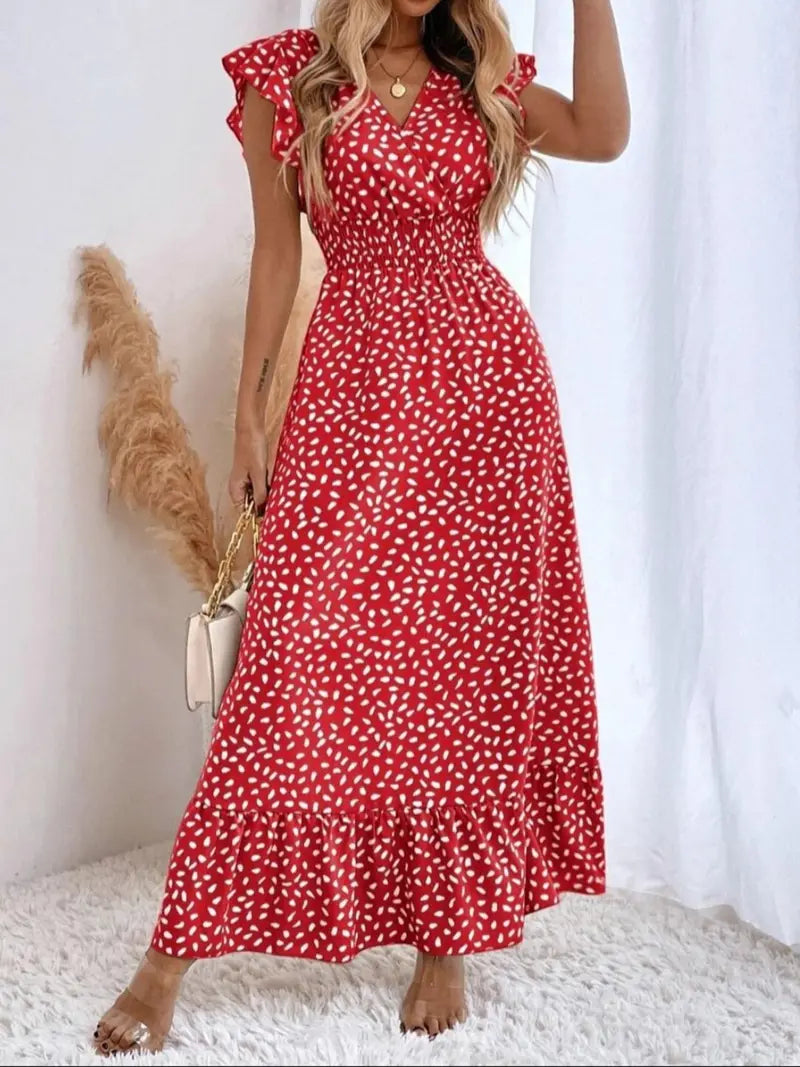 Robe longue fleurie décontractée col V, taille volantée, style bohème chic, manches courtes et ajustées, idéale pour les vacances printemps-été.