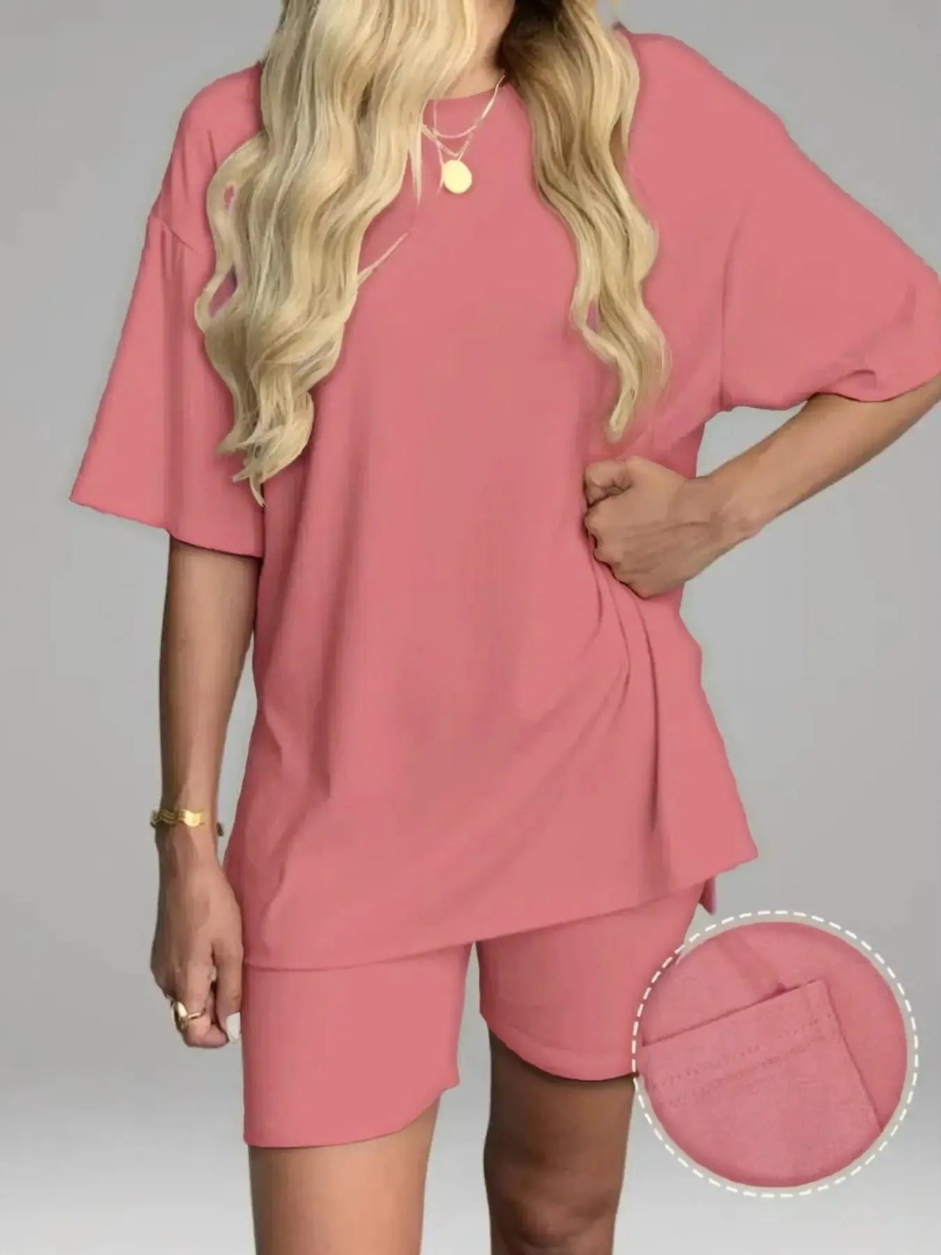 Ensemble T-shirt uni et short moulant pour femme, vêtement de nuit décontracté d'été à col rond, confortable, avec poches, pour l'extérieur