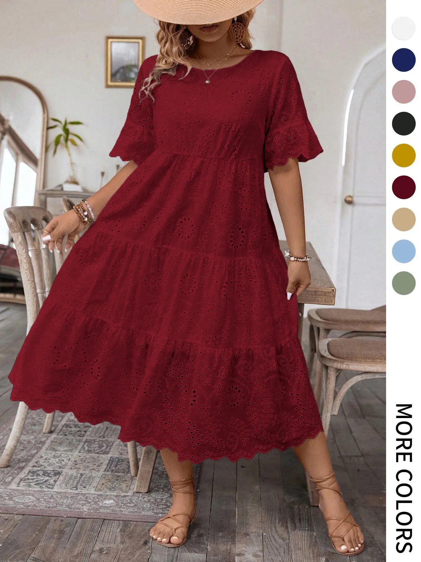 【Grande Taille】 Robe Unie Broderie Anglaise, Robe Bohème à Col Rond pour Vacances et Usage Quotidien – Vêtements d'Été pour Femmes