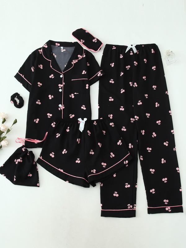 Ensemble de pyjama pour femme avec haut, short, pantalon et accessoires imprimés, ensemble de pyjama décontracté et confortable, vêtements de nuit pour femmes pour toutes les saisons