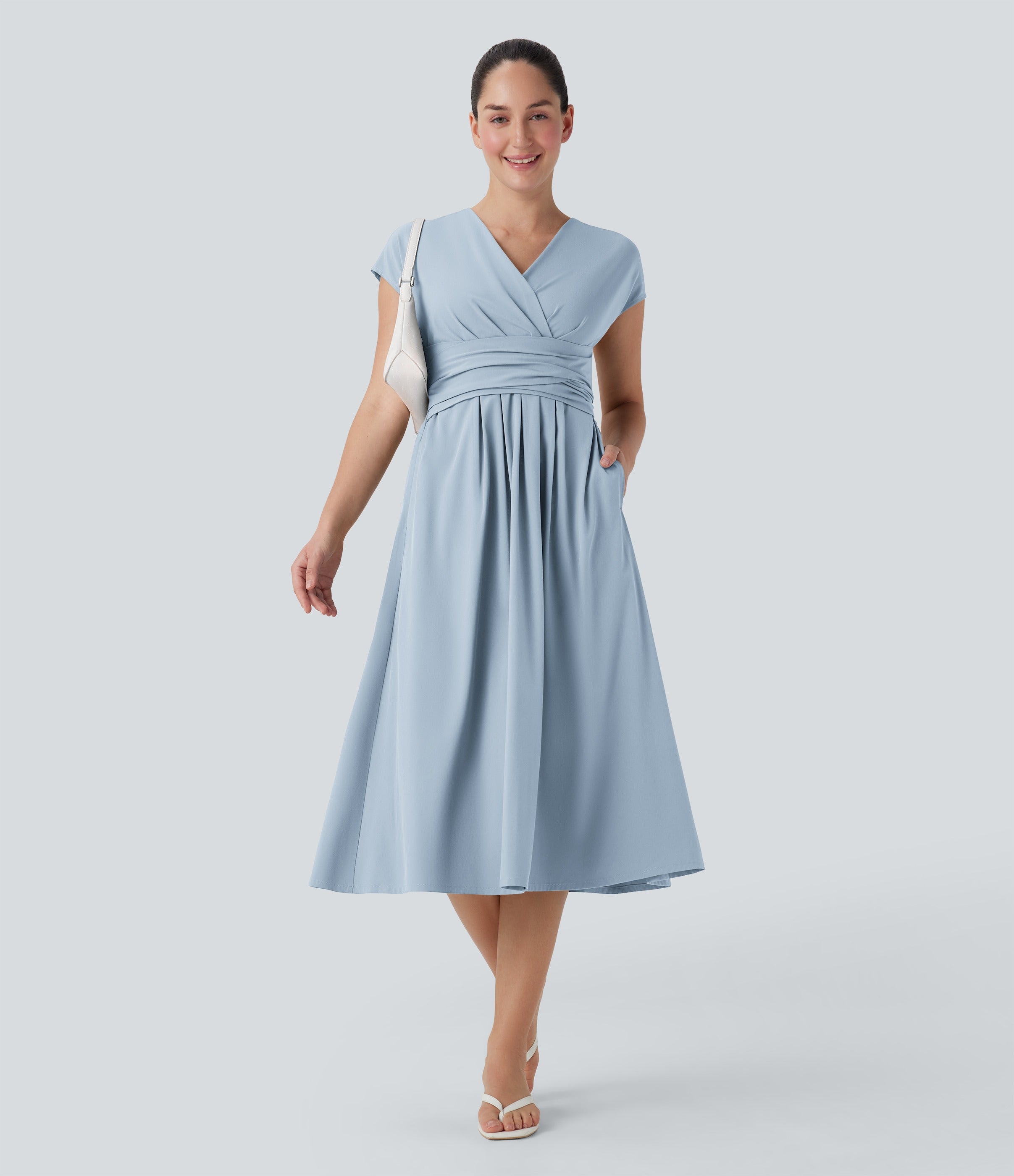 Robe midi décontractée, col en V, manches courtes, poches latérales, dos noué, séchage rapide