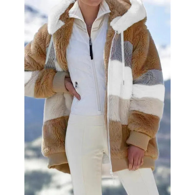 Manteau polaire à capuche et épaules tombantes color block pour femme, vêtements d'extérieur chauds décontractés à manches longues et fermeture éclair pour le quotidien, vêtements pour femmes