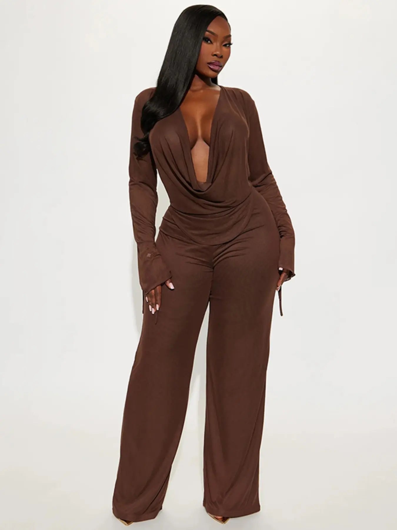 Ensemble Blouse Col V Plongeant Femme, Top Court Manches Longues & Pantalon Taille Haute, Design Uni Sexy, Mode Automne Hiver