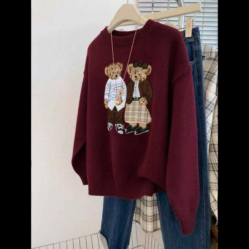 Pull ras du cou unisexe imprimé ours de dessin animé, pull décontracté ample à manches longues pour l'automne et l'hiver, tricot tendance pour femme pour un usage quotidien