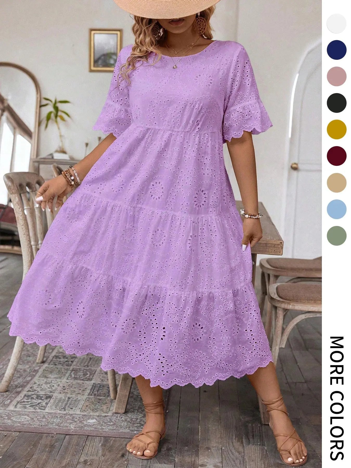 [Grande Taille] Robe unie avec broderie œillets, Robe bohème à col rond pour les vacances et le quotidien – Vêtements d'été pour femmes
