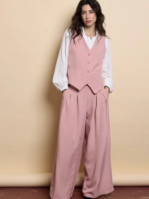 Tailleur pour femme, style décontracté, veste sans manches, pantalon ample