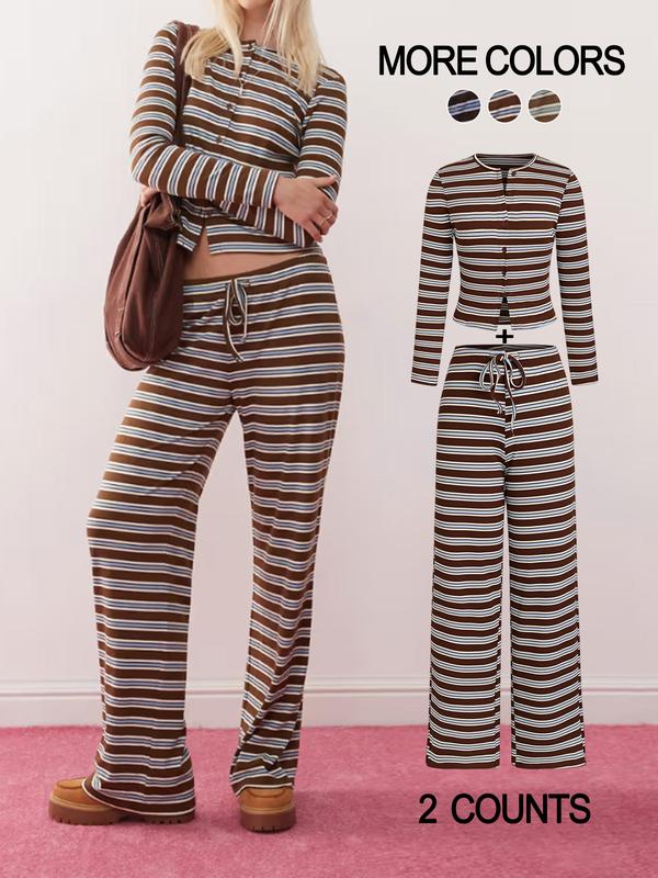 Ensemble top manches longues rayé colorblock décontracté et pantalon coupe ample pour femme, parfait pour les vacances, les trajets quotidiens, le quotidien.