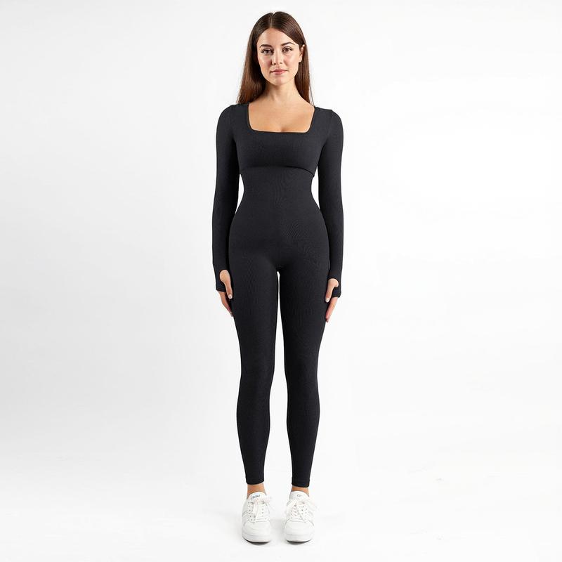 Combinaison de Yoga Sans Couture à Manches Longues et Col en U pour Femme, Combinaison Unie pour Tenue Quotidienne en Extérieur, Vêtements de Sport Simples avec Trous pour les Pouces