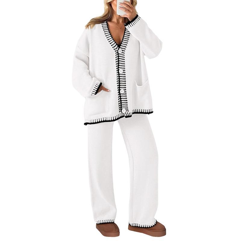 Ensemble 2 pièces tricoté pour femme, tenues d'hiver assorties, loungewear, cardigans à manches longues et col en V, pantalons amples, survêtements