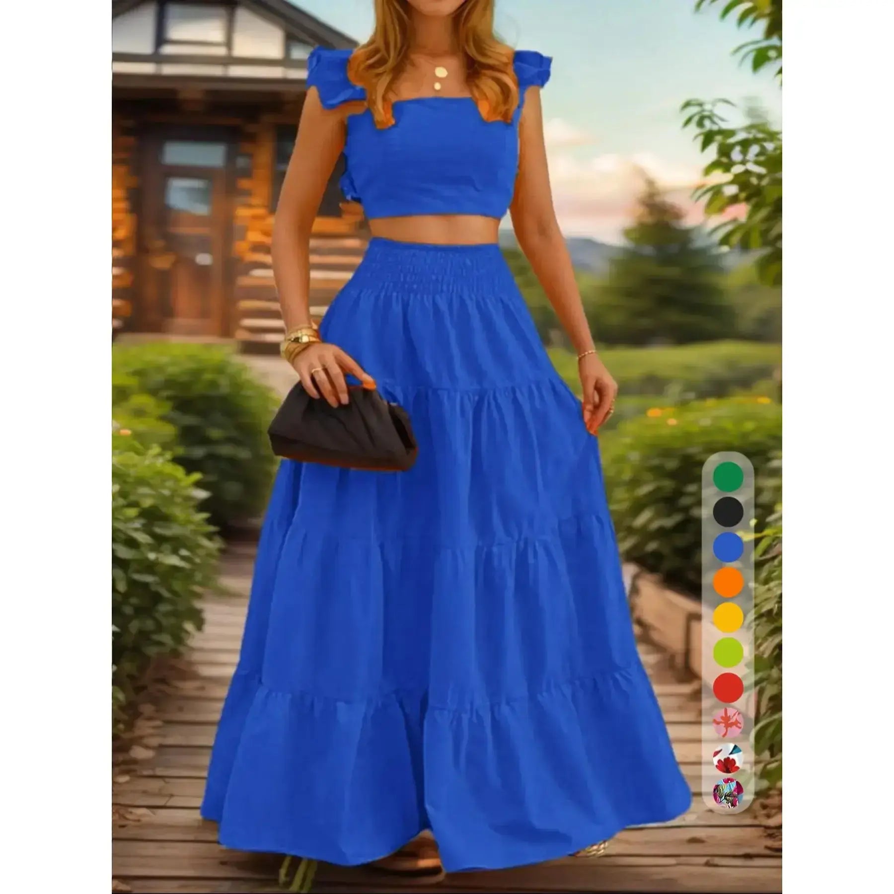 Ensemble deux pièces jupe longue et haut froncé couleur unie / imprimé floral pour femme, tenue décontractée bohème haut et jupe pour les vacances quotidiennes, pour femmes, pour l'été