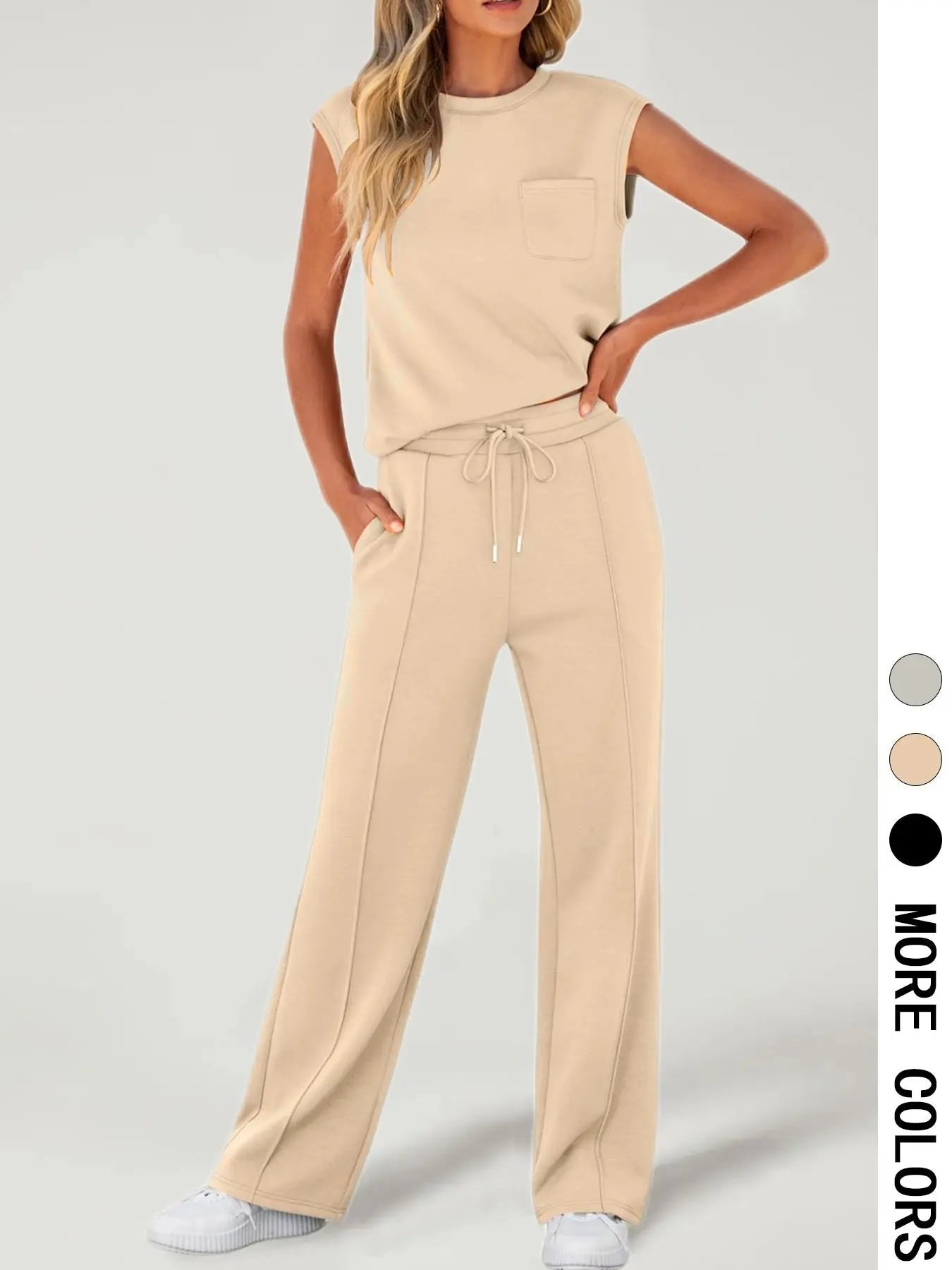 Ensemble deux pièces décontracté pour femme, débardeur uni et pantalon à cordon de serrage, haut sans manches à col rond et pantalon pour un usage quotidien, tenues deux pièces pour femmes toutes saisons