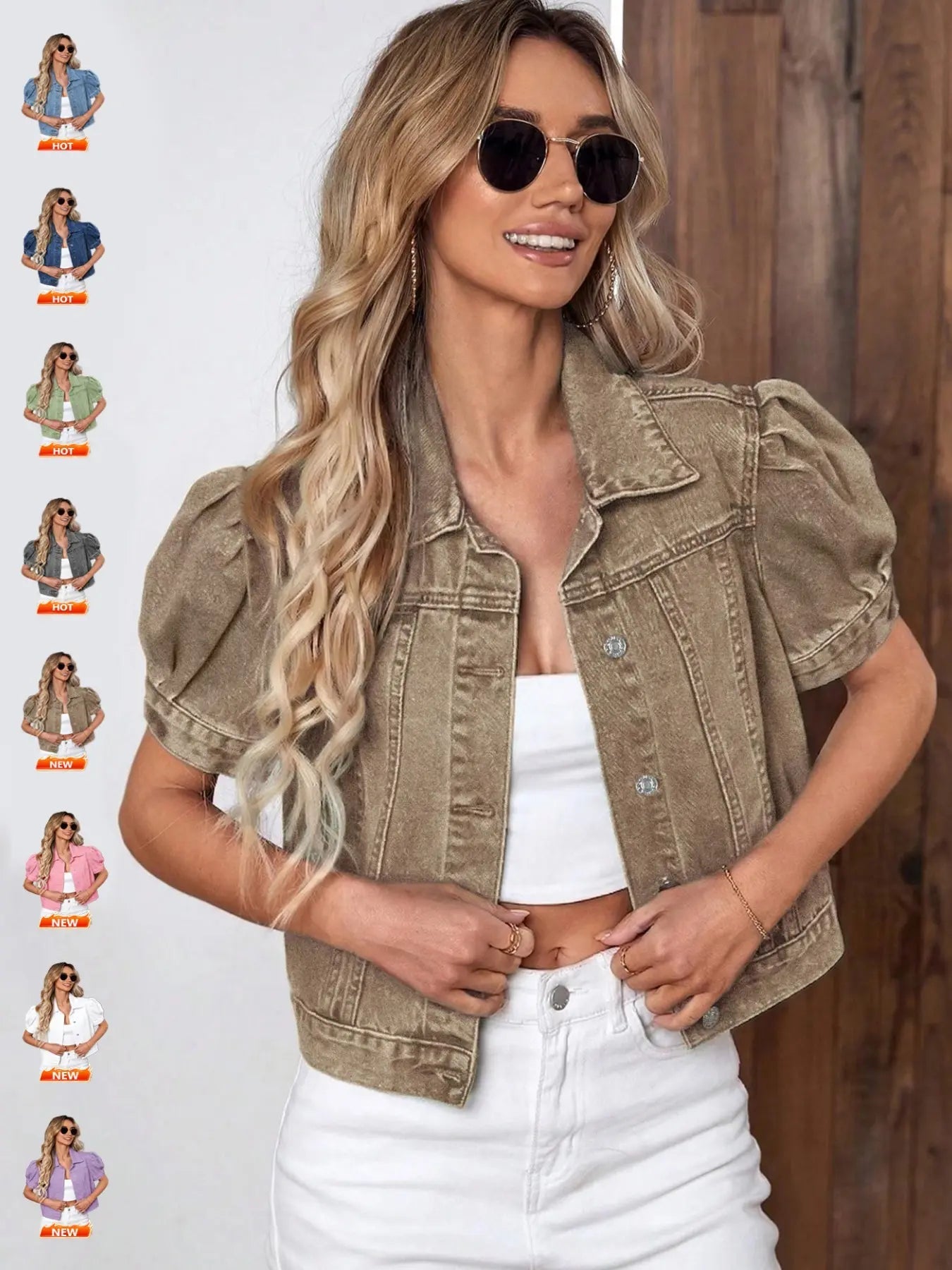 Veste en Jean Courte Lavage Clair, Manches Bouffantes, pour Femme, Manteau Court en Jean Taille Haute Léger et Fin, Coupe Tendance et Décontractée pour l'Été