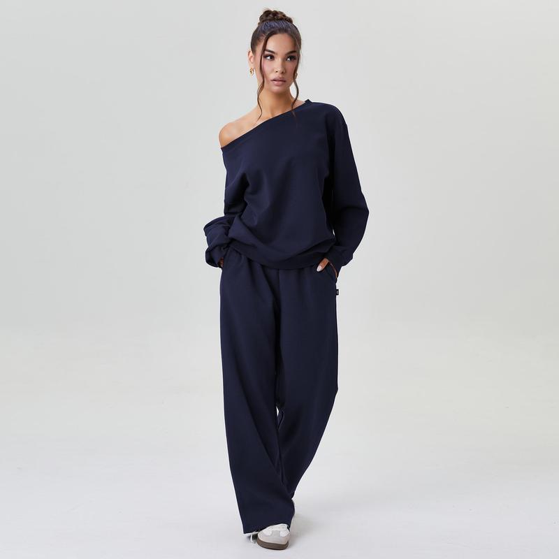 Ensemble deux pièces décontracté pour femme, couleur unie, haut à manches longues et épaule tombante, et pantalon large, confortable, décolleté rond, ample, basique.