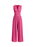 Women's Plain Ruched Deep V Neck Wide Leg Jumpsuit, Sleeveless Ribbed Jumpsuit for Daily Wear, Ladies Clothes for All Seasons, Casual Basic Jumpsuit, Casual Jumpsuits