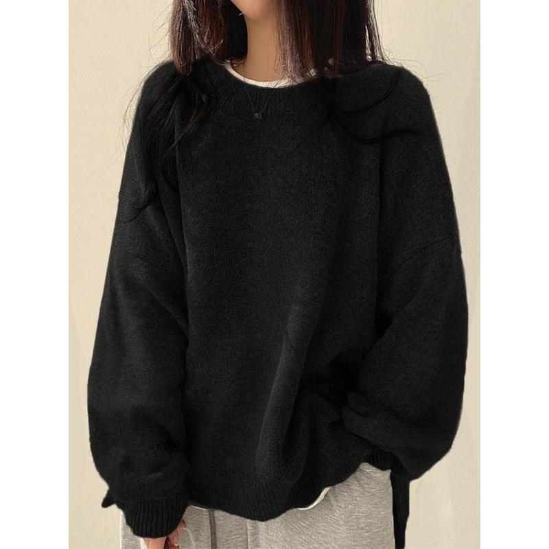 Pull femme à épaules tombantes et ourlet fendu, Pull décontracté à manches longues et col rond, Haut tricoté pour femme pour l'automne et l'hiver, Pulls pour femme