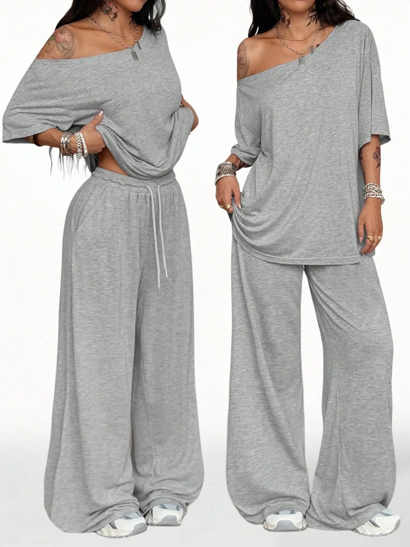 Ensemble deux pièces décontracté de sport de couleur unie pour femme, pantalon long ample et costume à col oblique à jambes larges, mode printemps et automne.