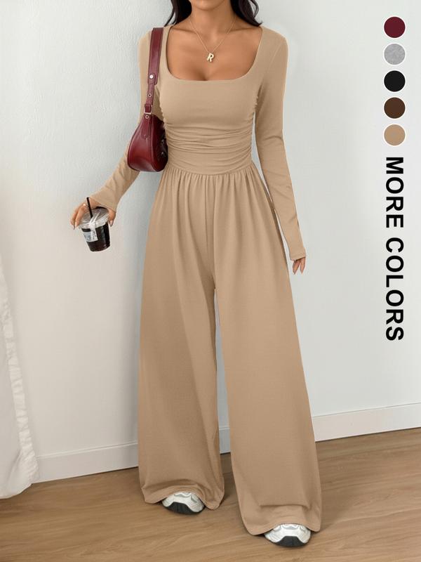 Combinaison Femme Automne Hiver en Tricot à Jambes Larges, Combinaison Décontractée Unie à Col Rond, Combinaison Polyvalente à Manches Longues