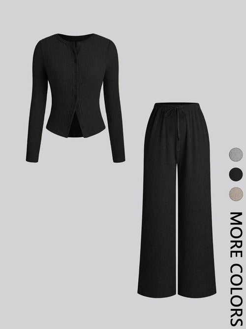 Ensemble deux pièces décontracté femme, haut à manches longues et col rond coupe slim et pantalon, motif uni, tissu modéré, automne-hiver