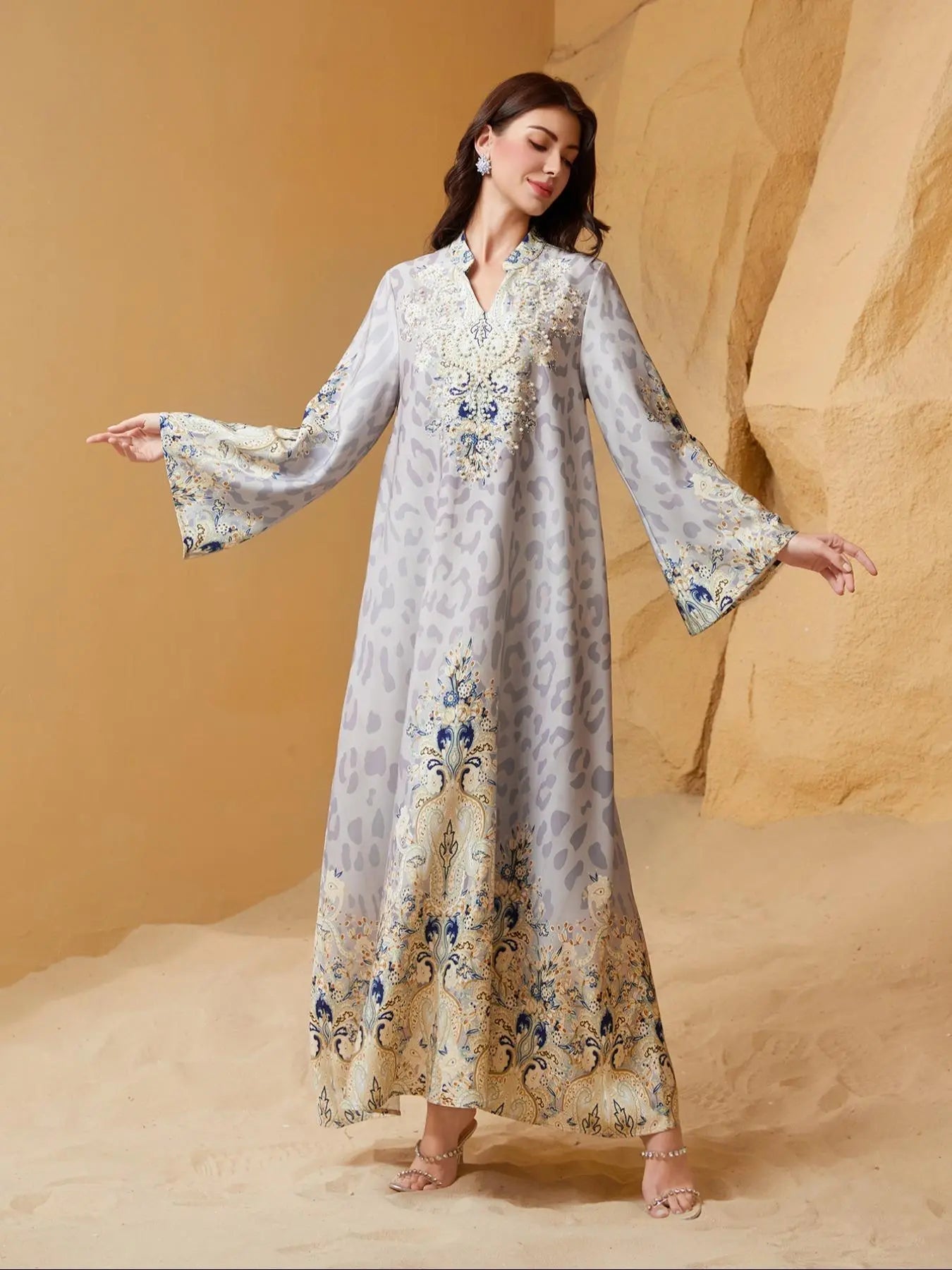 Women's Traditional Ethnic Pattern Faux Pearl Decor Long Dress, Boho Long Sleeve Round Neck Dress for Vacation Holiday Wedding Guest, Ladies Muslim Clothing for All Seasons