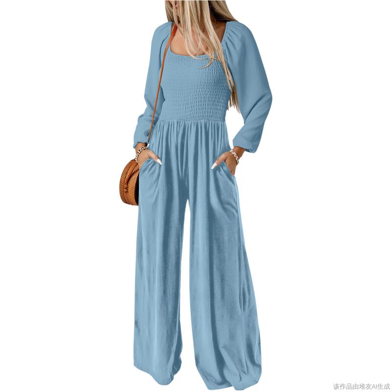 Salopette ample décontractée pour femme, combinaison une pièce à manches longues, jambes larges, pantalon long, barboteuse avec poches