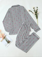 Two-Piece Set Women's All Over Bow Print Button Front Shirt & Pants Pyjama, Casual Comfy Long Sleeve Lapel Neck Top & Trousers PJ Set, Women's Sleepwear for Spring & Fall