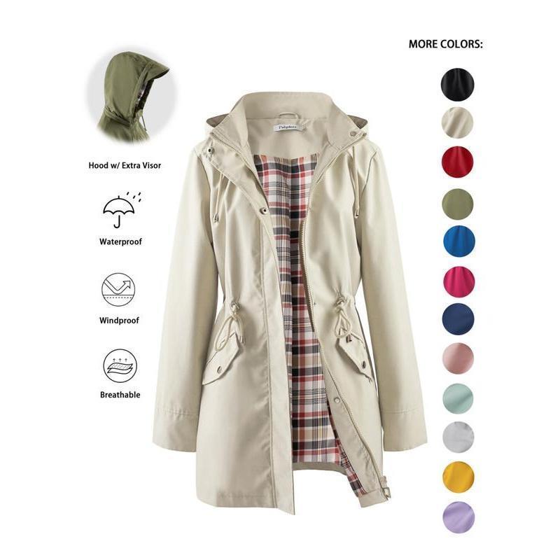 Trench-coat à capuche zippé de couleur unie pour femme, à cordon de serrage, manches longues, imperméable, coupe-vent, doux, confortable, décontracté, adapté au printemps, à l'automne, aux tenues quotidiennes et aux sorties