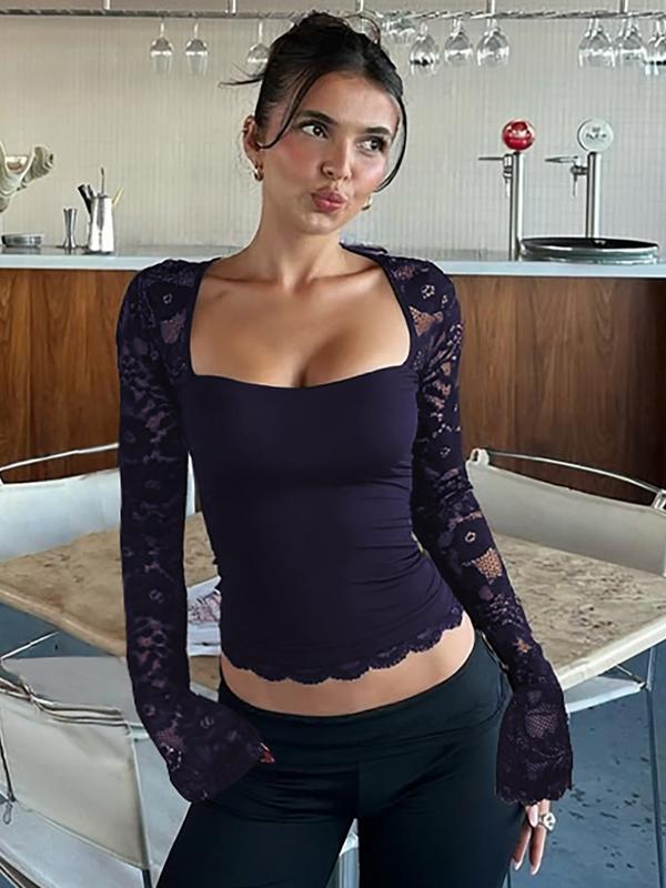 T-shirt à manches longues transparentes avec volants et dentelle florale pour femme, motif floral sexy, coupe ajustée, idéal pour les fêtes, les clubs et les vacances, vêtements d'été pour femme, haut