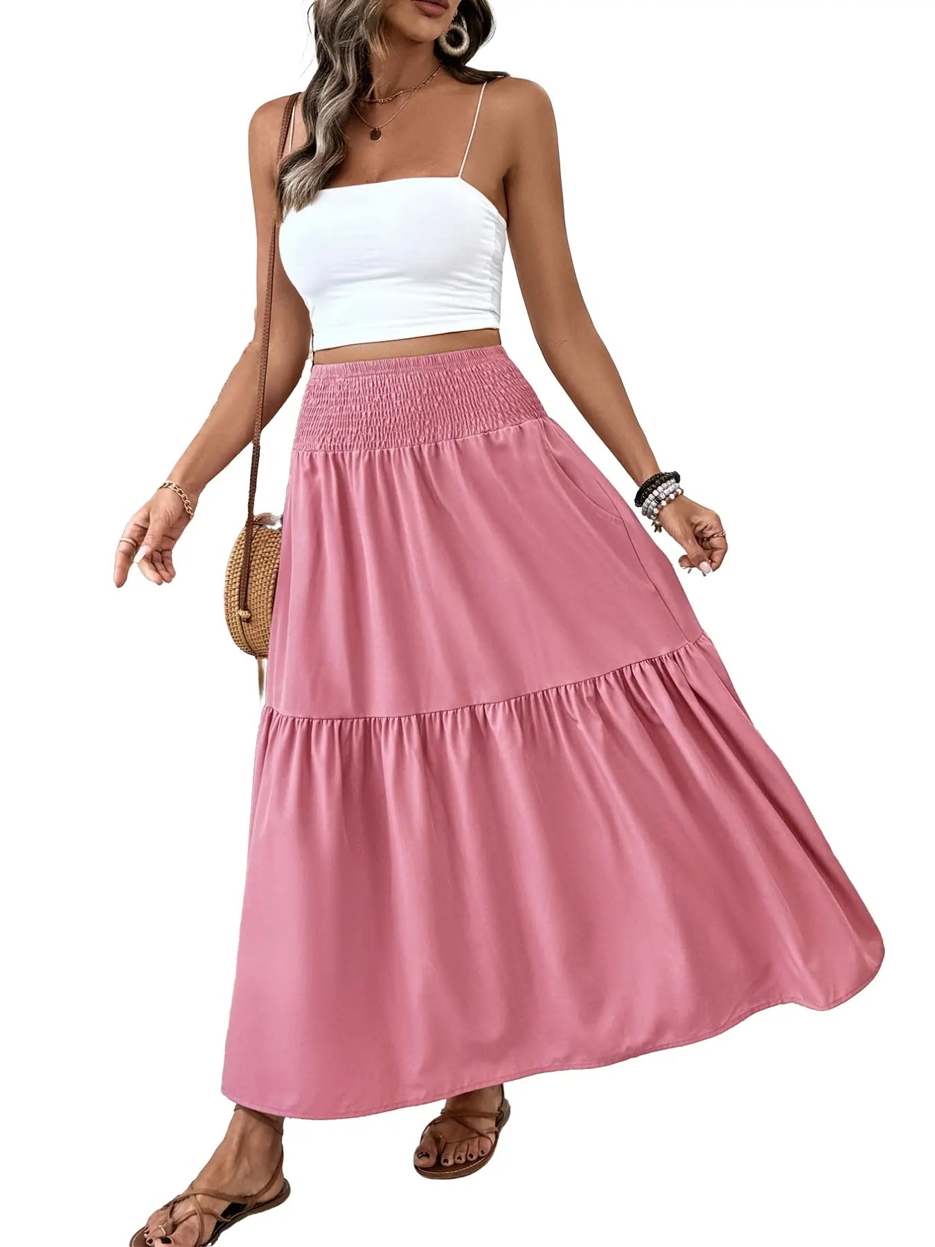 Jupe trapèze décontractée fleurie pour femme, taille élastique, poches, ourlet feuille, jupe longue ajustée, robe mi-longue tendance