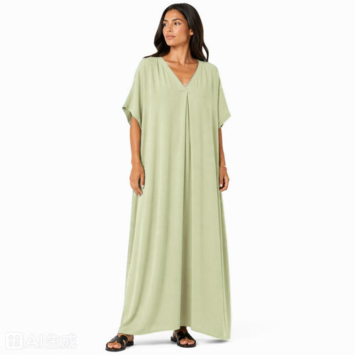 Robe longue oversize fluide col V femme été chic confortable en tissu léger et doux pour toutes les occasions