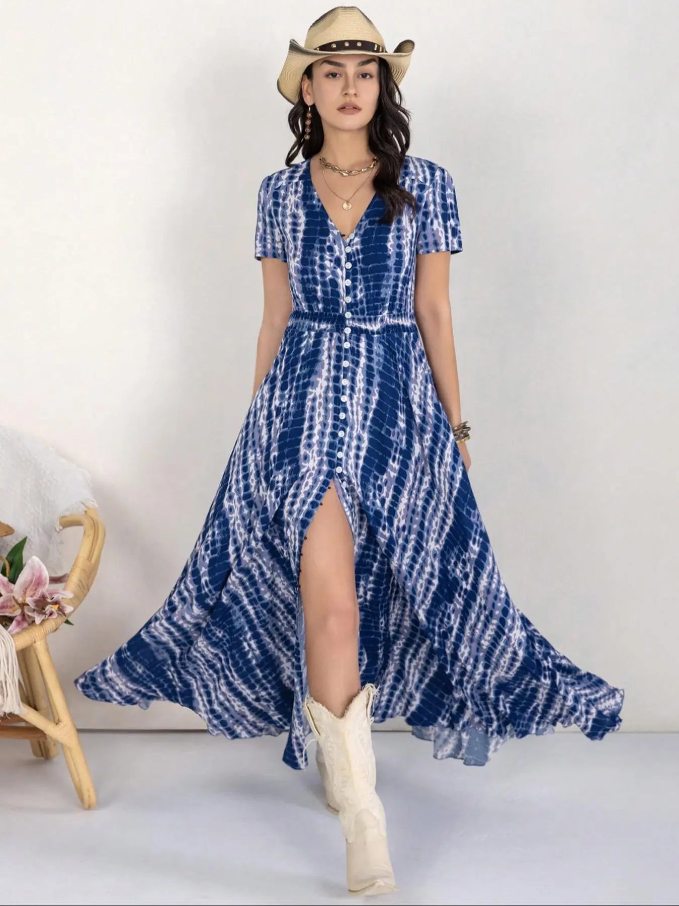 Robe Bohemienne Femme à Imprimé Floral avec Boutons, Robe Décontractée à Manches Courtes et Col en V avec Poches, Robe Bohème Chic pour Vacances d'Été à la Plage