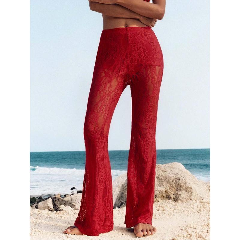 Pantalon évasé taille haute en dentelle tricotée pour femme