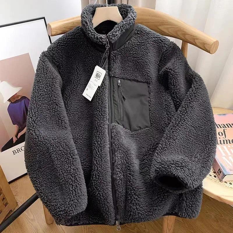 Veste en peluche Agneau Mode Femme Automne Hiver Nouvelle Poche Zippée Manches Longues Col Montant Ample Confort Chaud Veste pour Femme