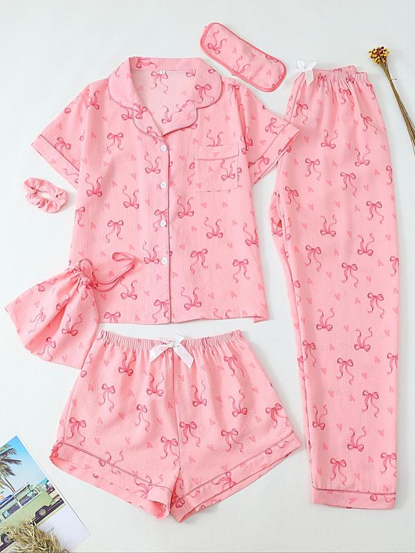 Ensemble de pyjama pour femme avec haut, short, pantalon et accessoires imprimés, ensemble de pyjama décontracté et confortable, vêtements de nuit pour femmes pour toutes les saisons