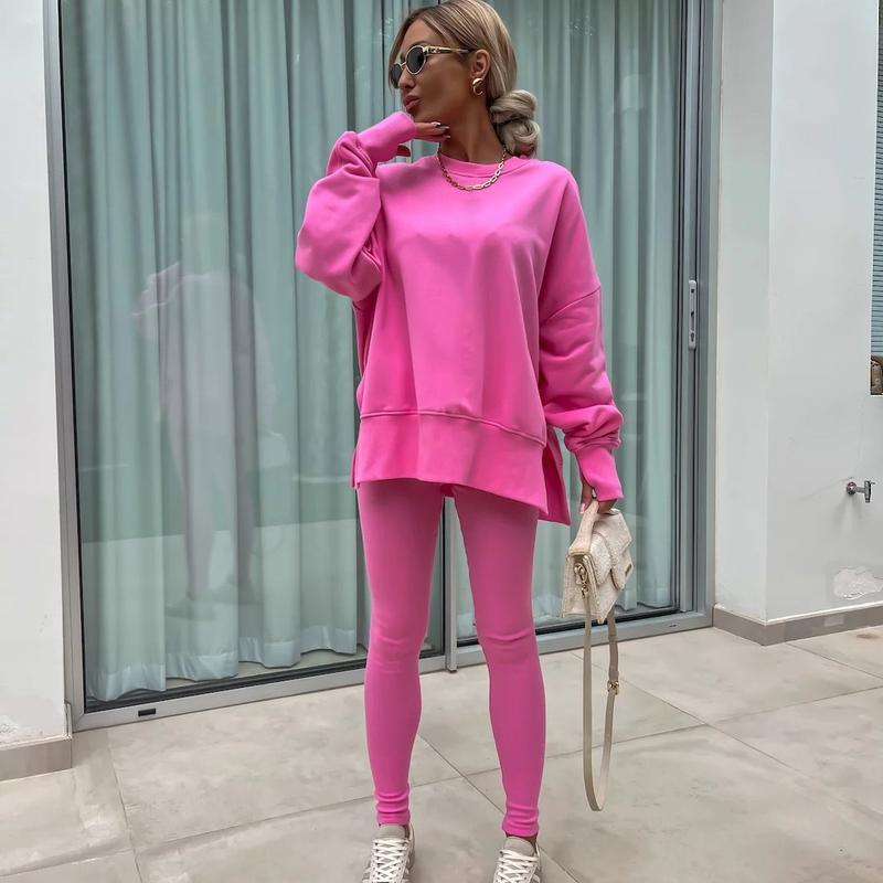 Ensemble deux pièces oversize pour femme - Sweat-shirt à ourlet fendu et pantalon skinny, pull décontracté à col rond et manches longues, vêtements pour femme pour l'automne et costumes d'hiver basiques, Gamis pour femme