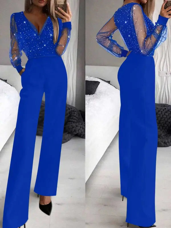 Combinaison pantalon femme printemps-automne, élégante et sexy, en maille noire et paillettes, col en V profond, manches longues, coupe amincissante et jambes larges.
