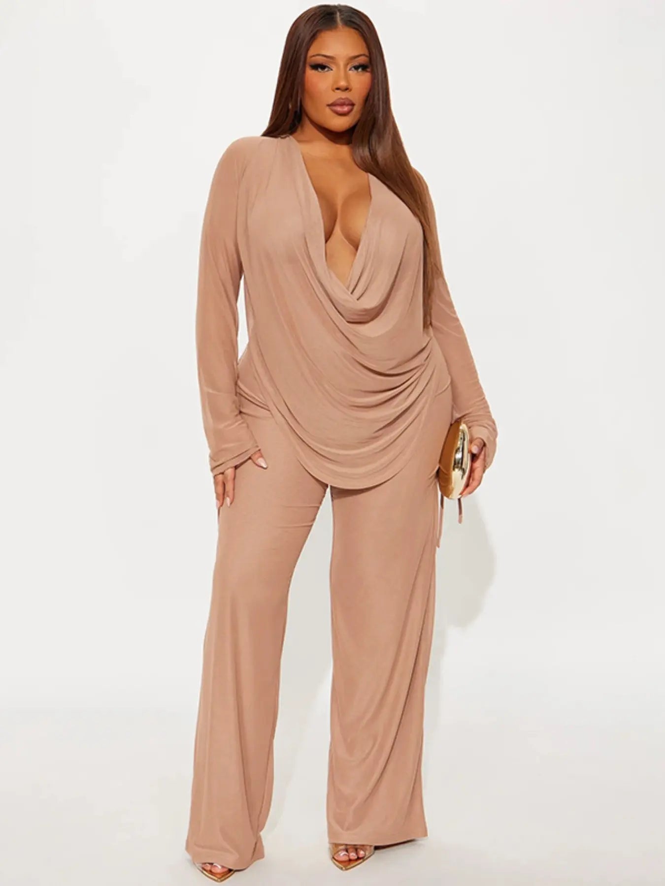 Ensemble Blouse Col V Plongeant Femme, Top Court Manches Longues & Pantalon Taille Haute, Design Uni Sexy, Mode Automne Hiver