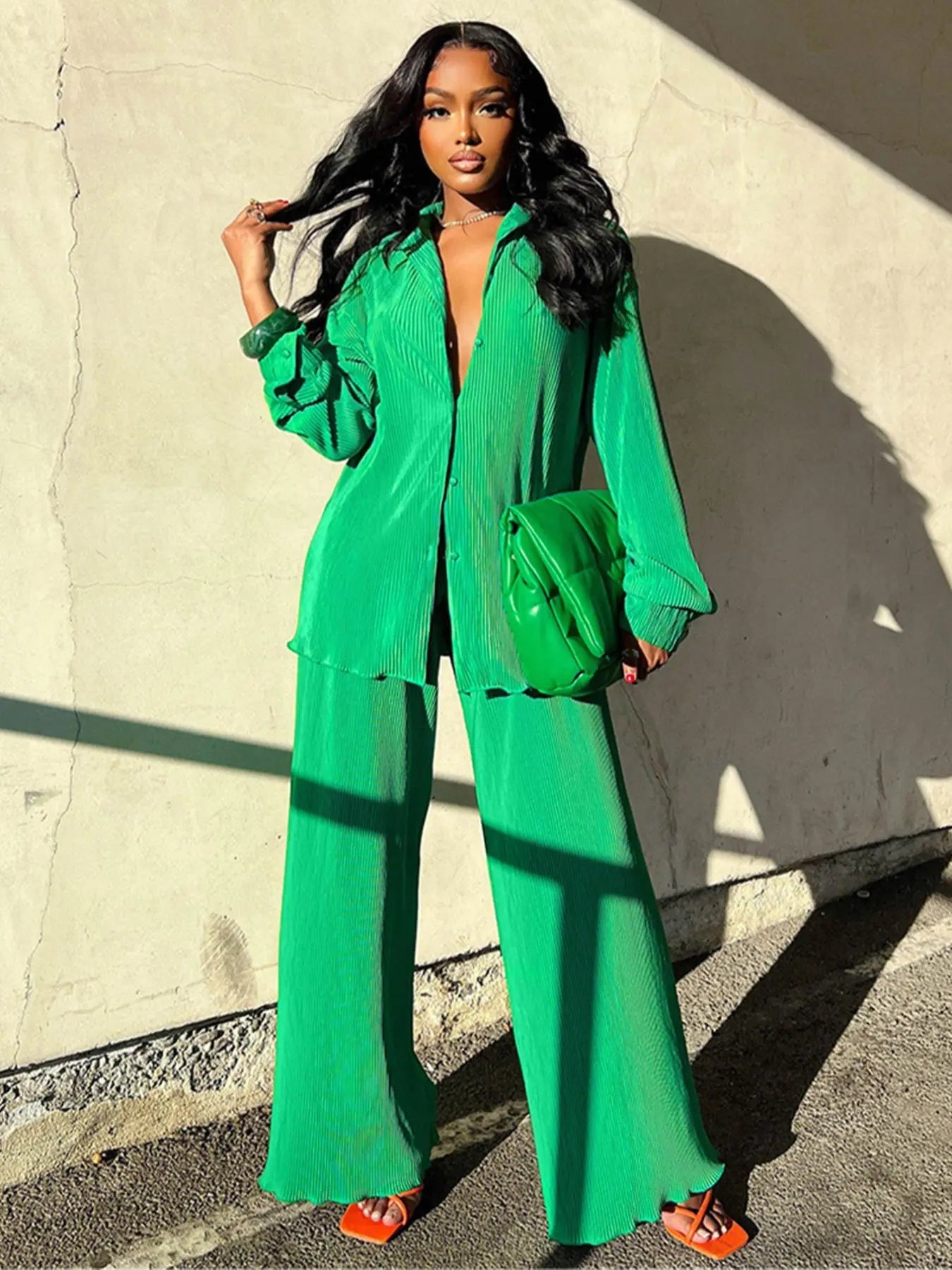 Ensemble deux pièces chemise unie boutonnée et pantalon taille élastique pour femme