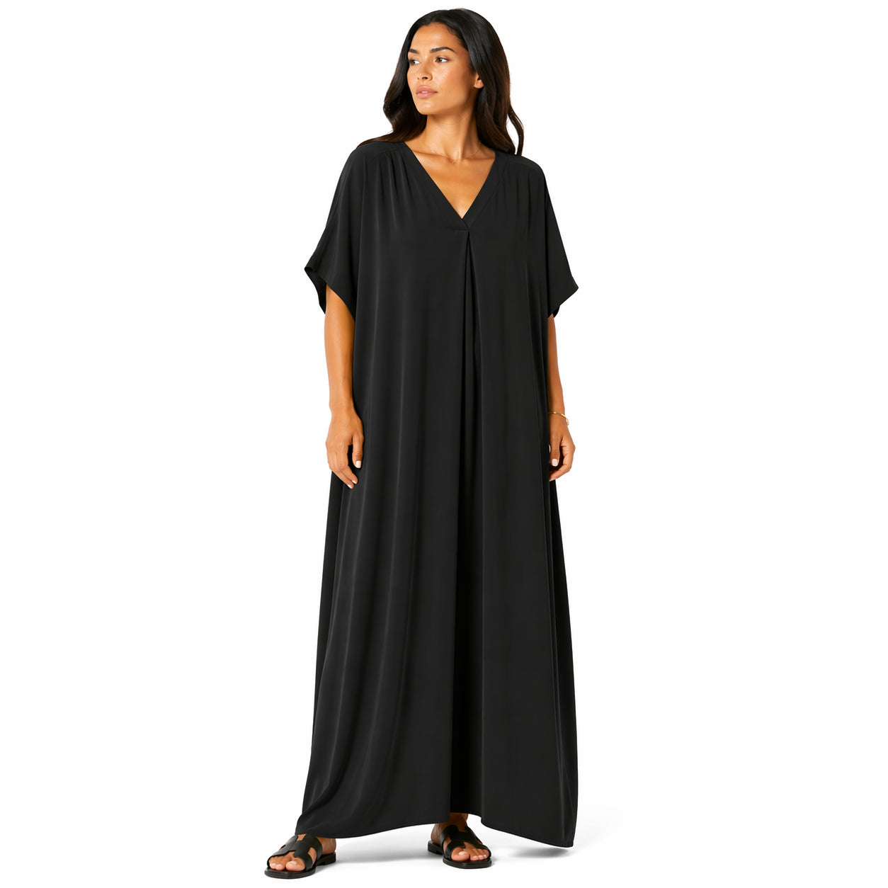 Robe longue, ample et fluide à col en V pour femme – chic et confortable pour l'été.