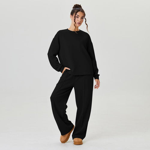 Ensemble décontracté femme, haut ample uni à manches longues et pantalon à surpiqûres apparentes