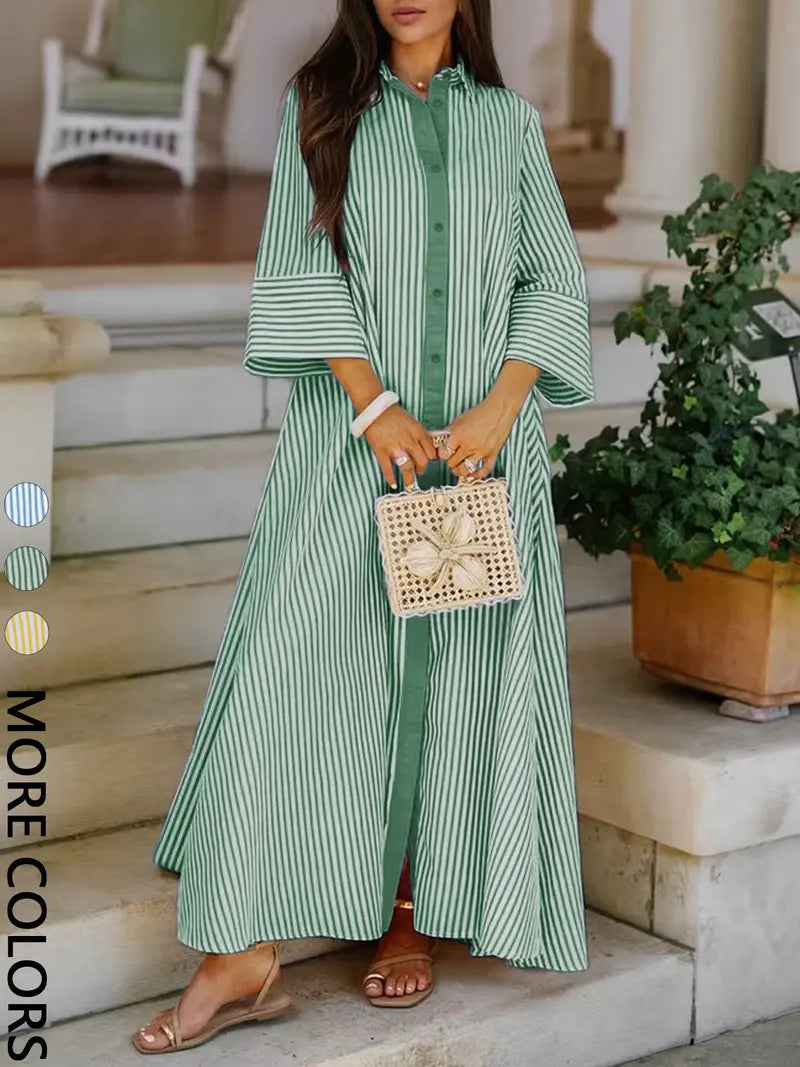 Robe Chemise Rayée Col et Boutonnage Décontractée Élégante pour Femme