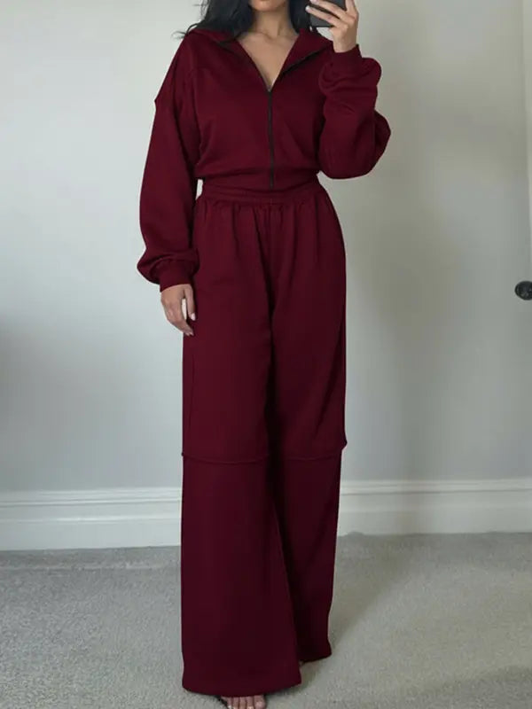 Ensemble deux pièces sweat à capuche zippé uni et pantalon taille élastique pour femme, haut décontracté à manches longues et épaules tombantes et pantalon pour l'automne et l'hiver, vêtements pour femme pour un usage quotidien