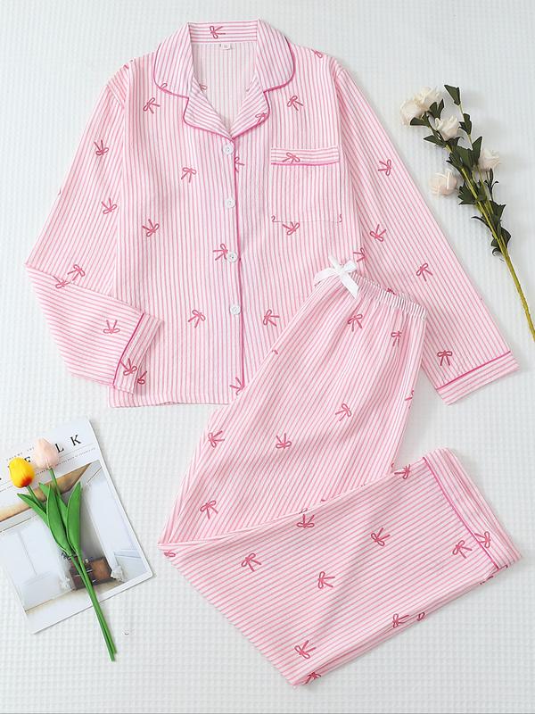 Ensemble de pyjama pour femme à rayures et imprimé nœud, haut et pantalon boutonnés, décontracté pour toutes les saisons